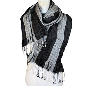 Sevya handmade crinkled silk rectangular oblong scarf with fringe black silver